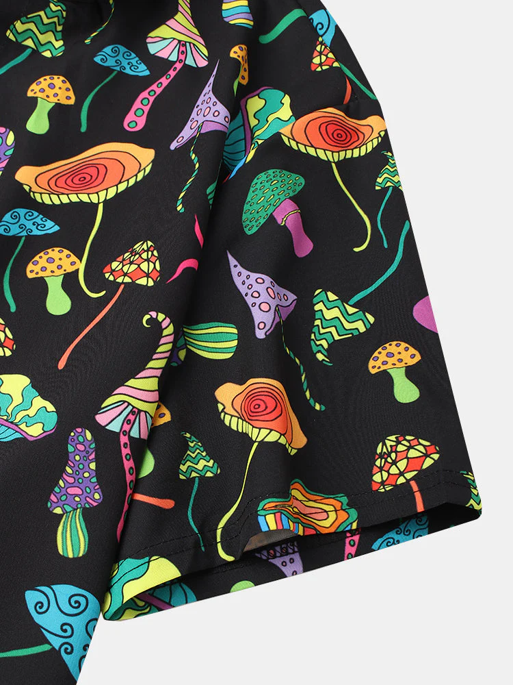 Mens Colorful Mushroom Print Button Up Street Short Sleeve Shirts - Image 5