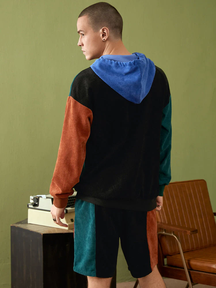 Mens Corduroy Color Block Stitching Half Zip Hoodie Two Pieces Outfits - Image 3