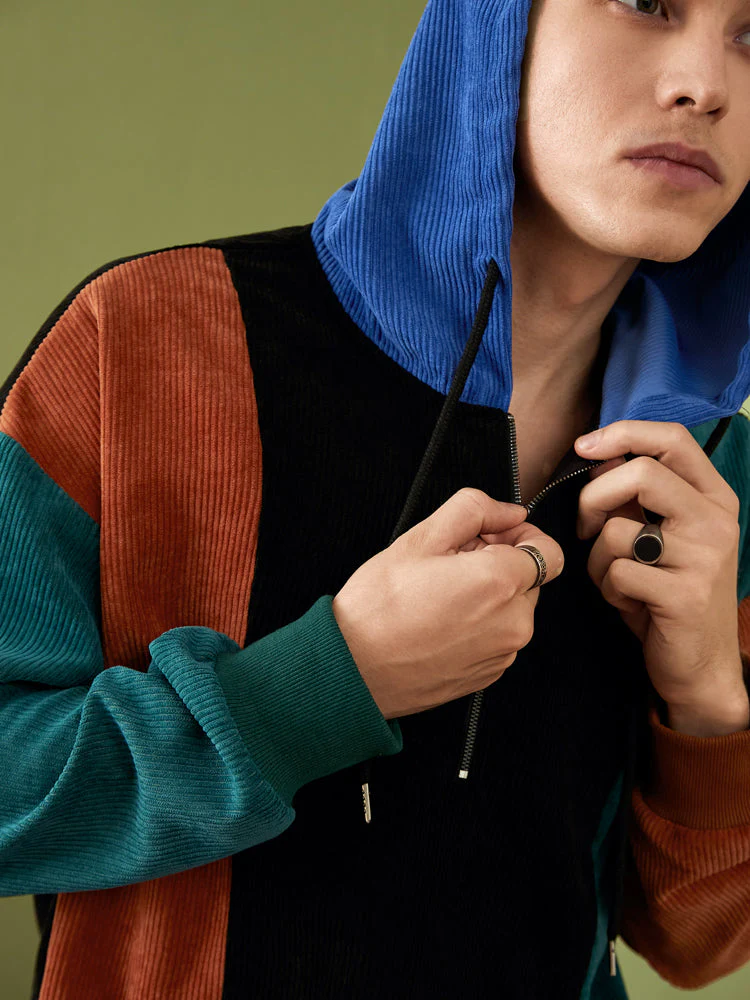 Mens Corduroy Color Block Stitching Half Zip Hoodie Two Pieces Outfits - Image 4