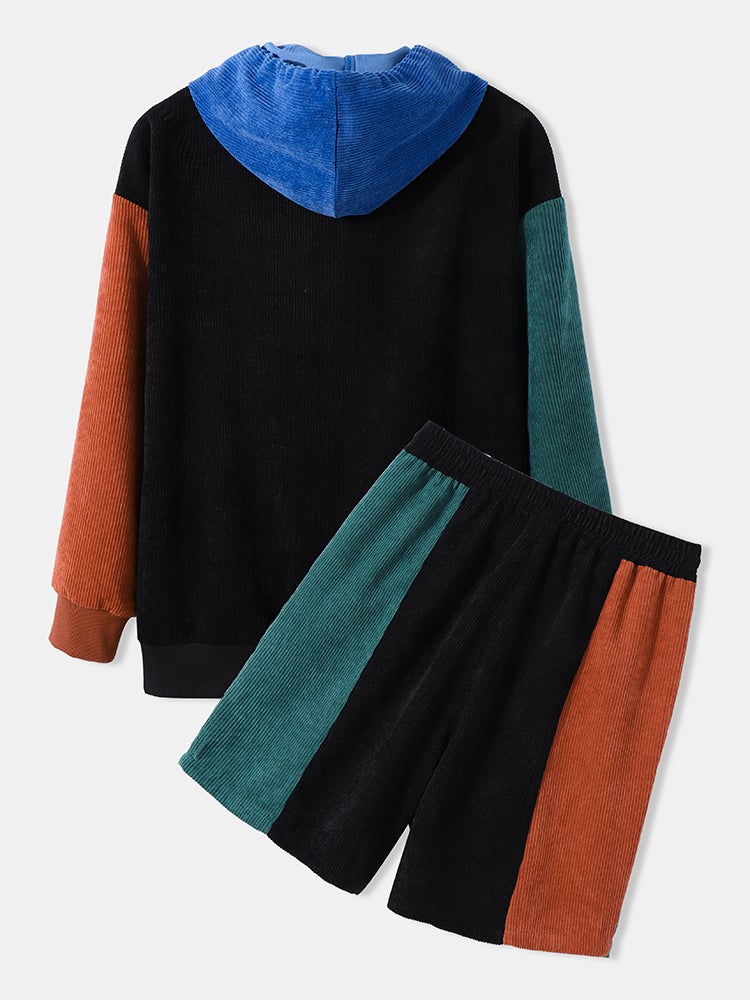 Mens Corduroy Color Block Stitching Half Zip Hoodie Two Pieces Outfits - Image 6
