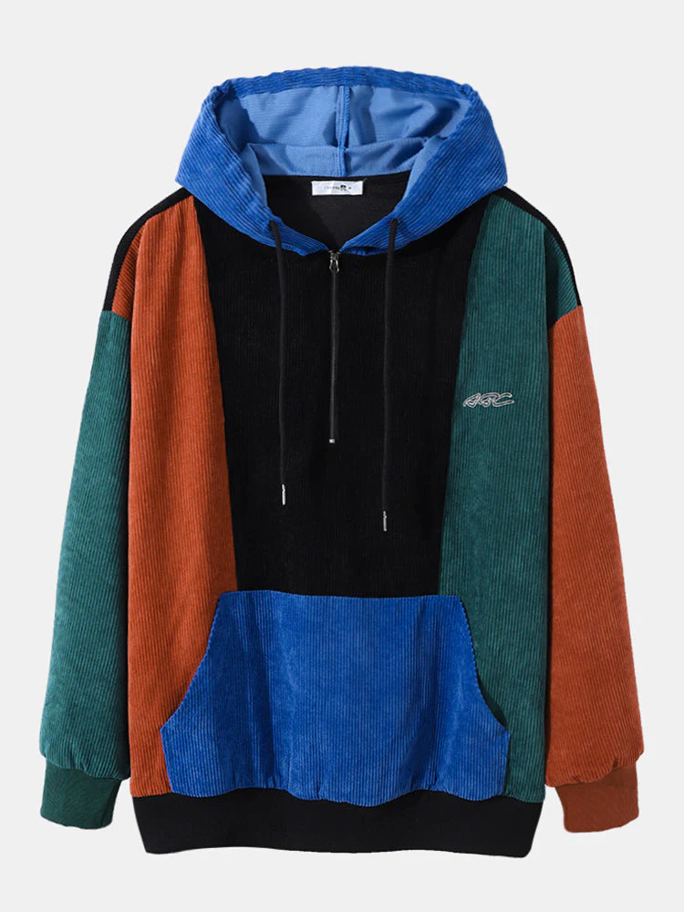 Mens Corduroy Color Block Stitching Half Zip Hoodie Two Pieces Outfits - Image 7