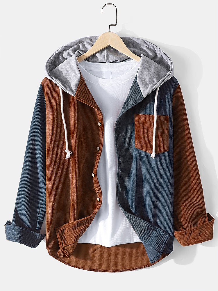 Mens Corduroy Colorblock Stitching Drawstring Hooded Shirt With Pocket - Image 3