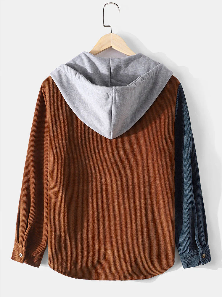 Mens Corduroy Colorblock Stitching Drawstring Hooded Shirt With Pocket - Image 4