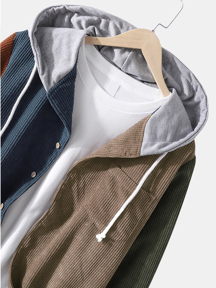 Mens Corduroy Colorblock Stitching Drawstring Hooded Shirt With Pocket - Image 5