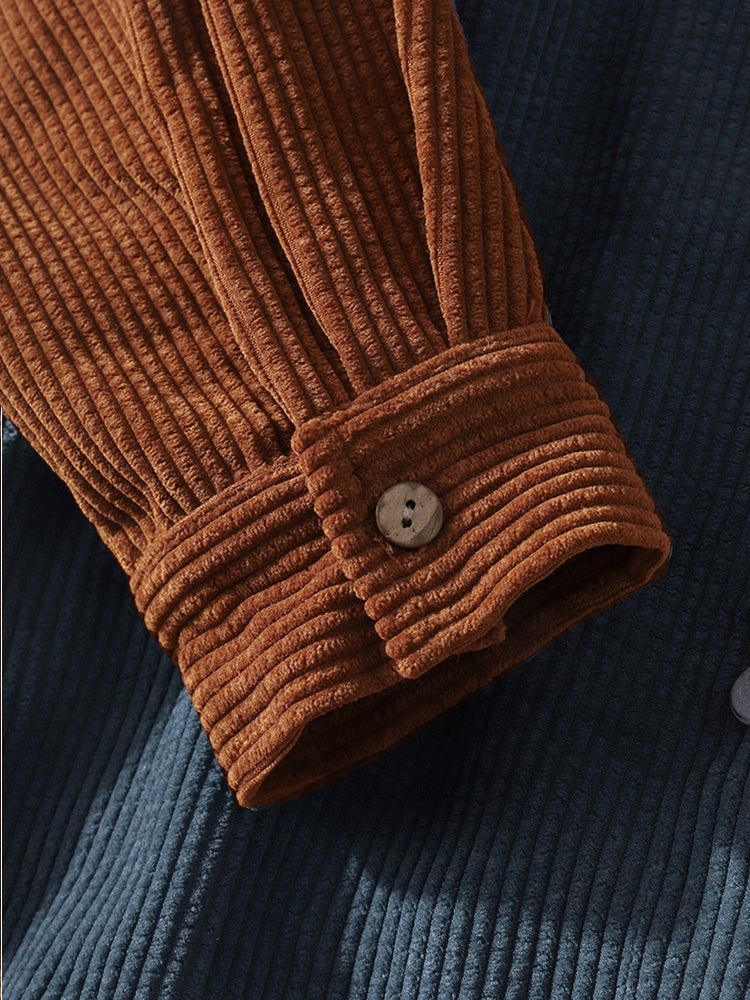 Mens Corduroy Colorblock Stitching Drawstring Hooded Shirt With Pocket - Image 6