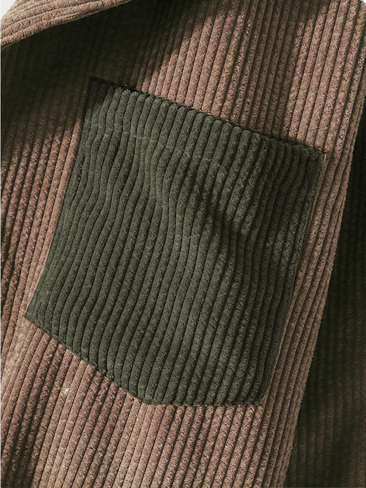 Mens Corduroy Colorblock Stitching Drawstring Hooded Shirt With Pocket - Image 7