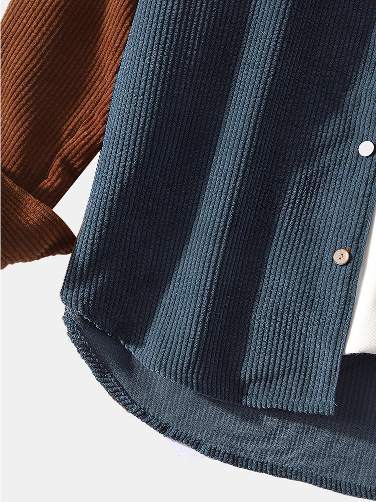 Mens Corduroy Colorblock Stitching Drawstring Hooded Shirt With Pocket - Image 8