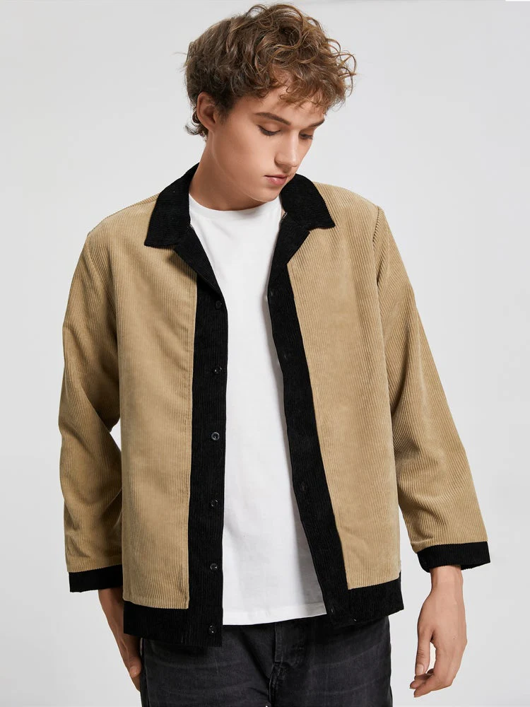 Mens Corduroy Contrast Patchwork Camp Collar Casual Long Sleeve Shirts - Image 3