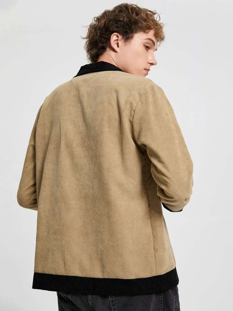 Mens Corduroy Contrast Patchwork Camp Collar Casual Long Sleeve Shirts - Image 4