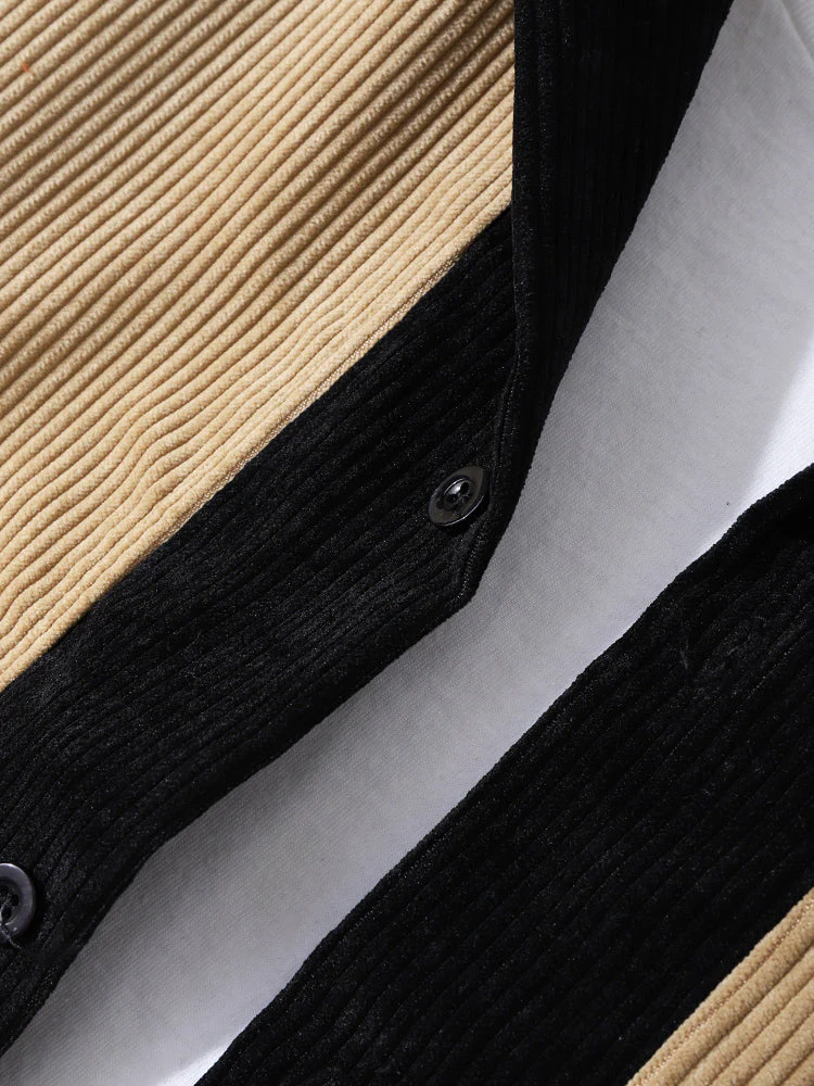 Mens Corduroy Contrast Patchwork Camp Collar Casual Long Sleeve Shirts - Image 7