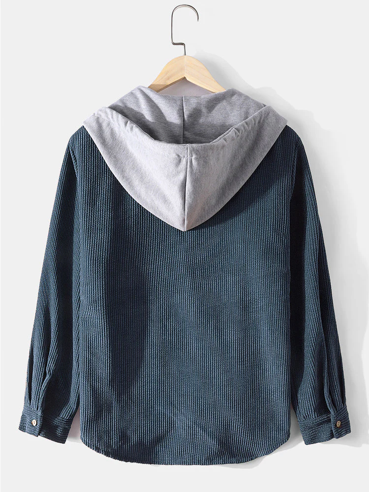 Mens Corduroy Designer Solid Color Daily Button Up Drawstring Hooded Shirt - Image 2
