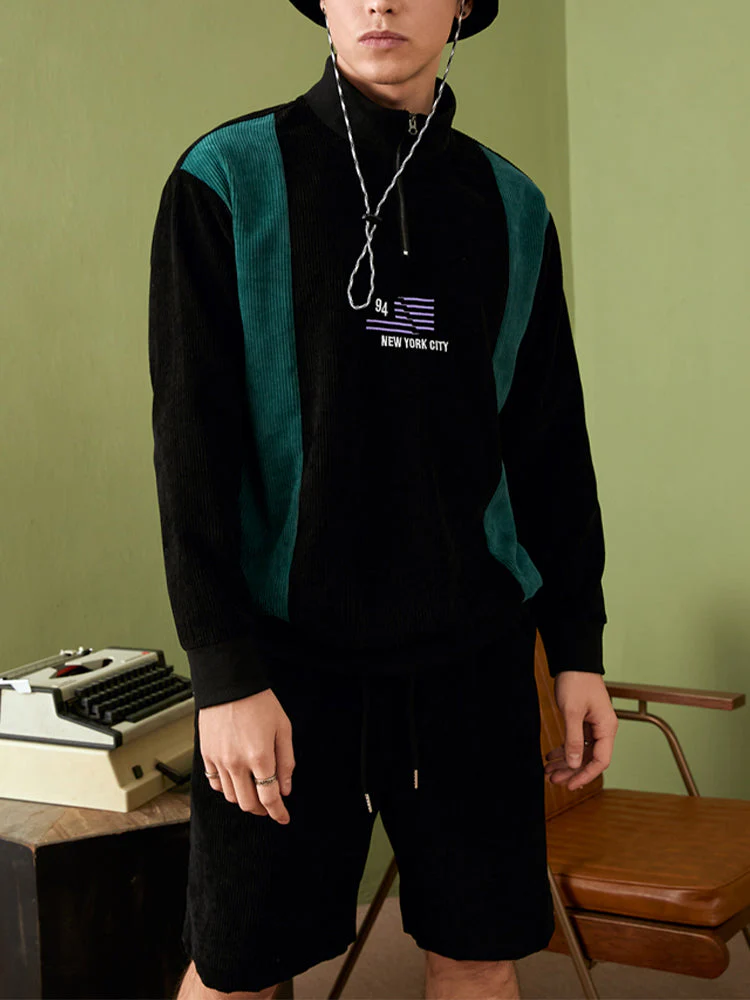 Mens Corduroy Letter Embroidery Patchwork Zip Pullover Sweatshirt Two Pieces Outfits - Image 6