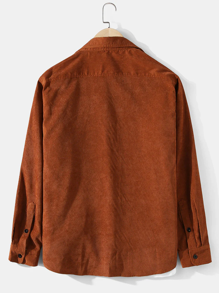 Mens Corduroy Solid Color Lapel Daily Long Sleeve Shirts - Image 2