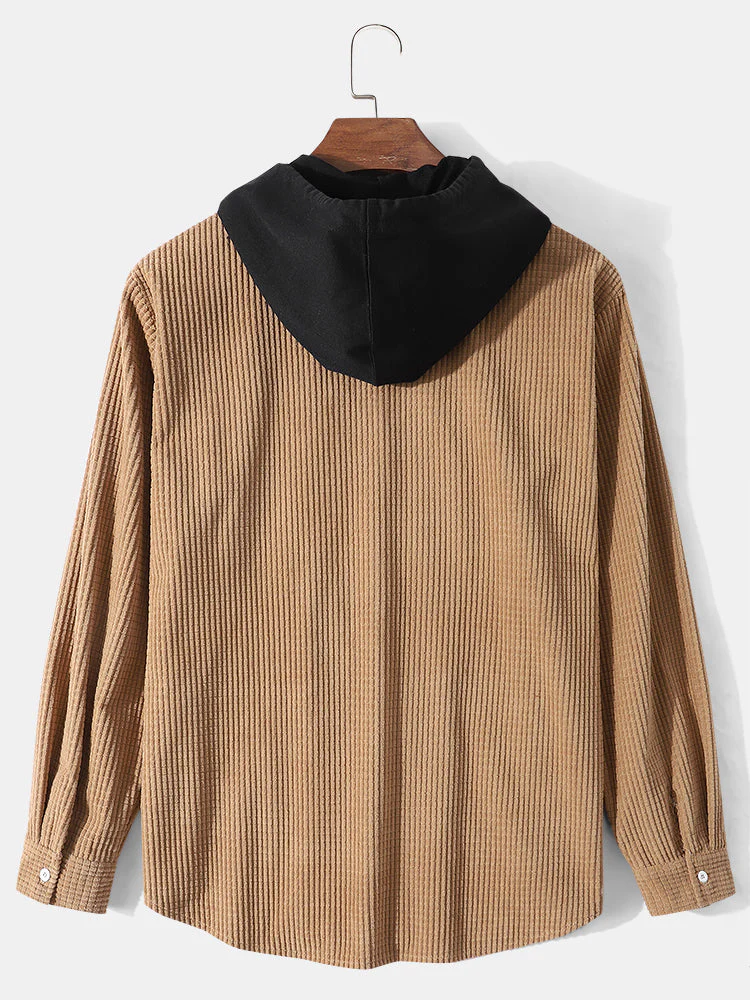 Mens Corduroy Two Tone Patchwork Preppy Drawstring Hooded Shirts - Image 2