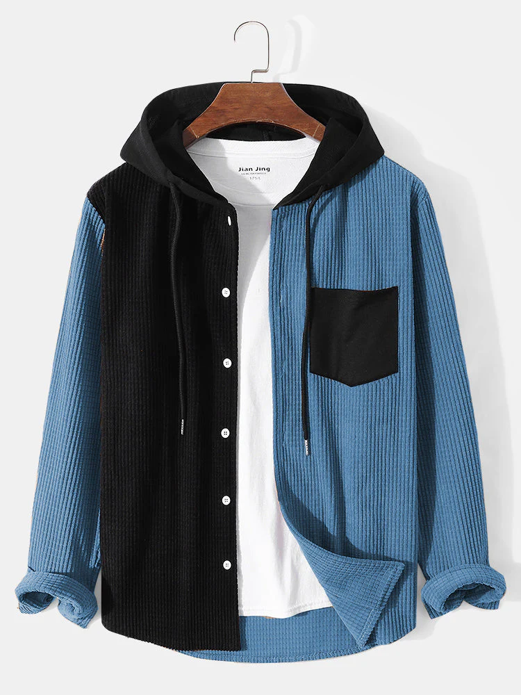 Mens Corduroy Two Tone Patchwork Preppy Drawstring Hooded Shirts - Image 4