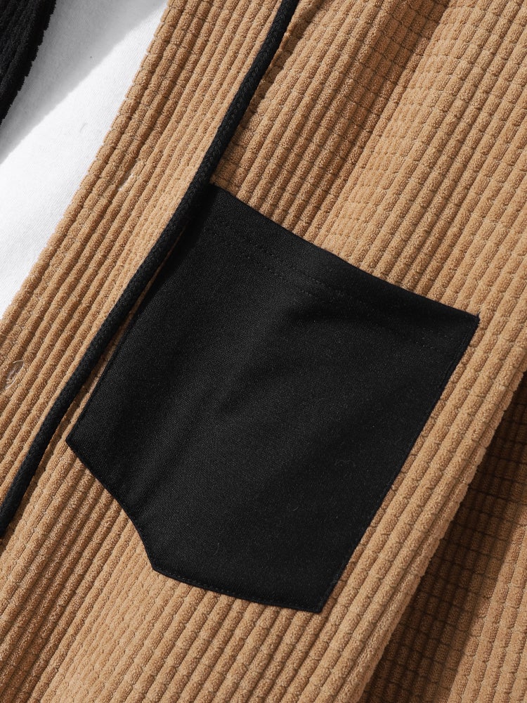Mens Corduroy Two Tone Patchwork Preppy Drawstring Hooded Shirts - Image 9