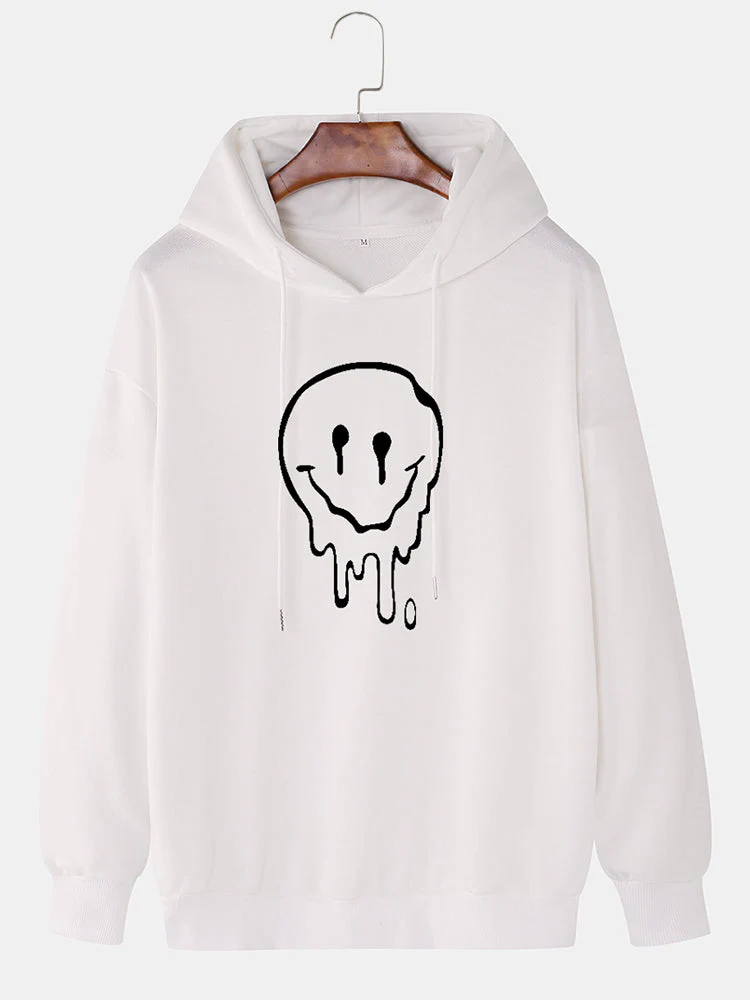 Mens Cotton Funny Face Print Drop Sleeve Casual Drawstring Hoodies - Image 3
