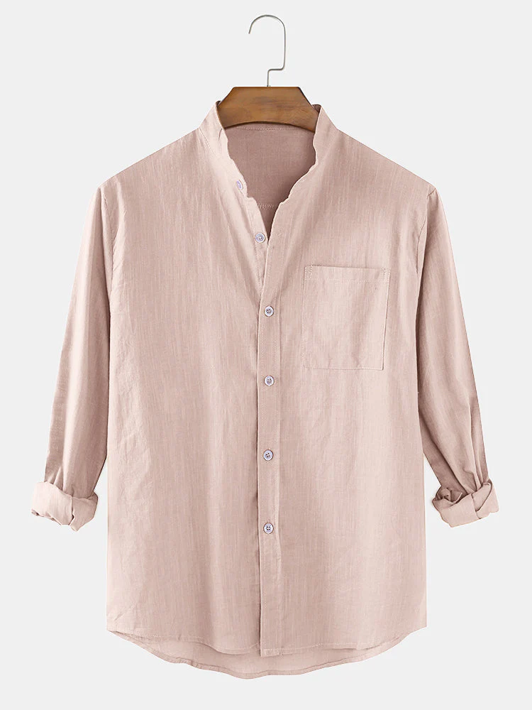 Mens Cotton & Linen Solid Color Thin Casual Long Sleeve Shirts With Pocket SKUF80414 - Image 4