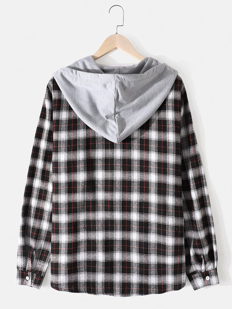 Mens Cotton Plaid Button Up Long Sleeve Casual Drawstring Hooded Shirts - Image 2