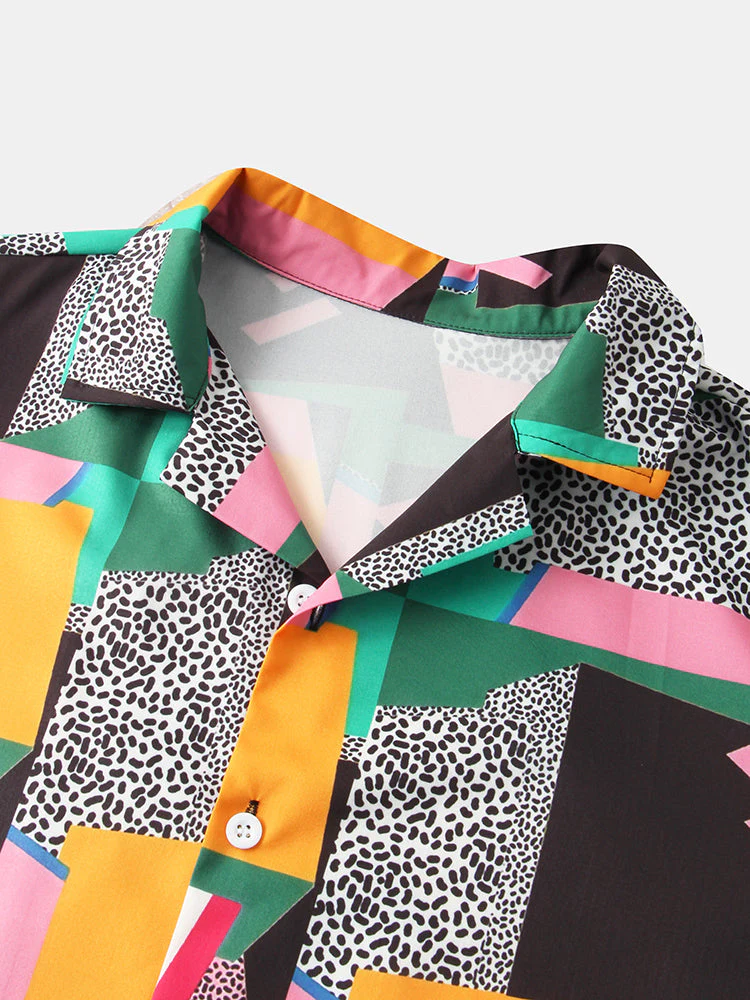 Mens Dot & Geometry Pattern Colorblock Lapel Short Sleeve Shirt - Image 3