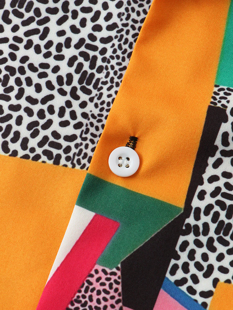 Mens Dot & Geometry Pattern Colorblock Lapel Short Sleeve Shirt - Image 4