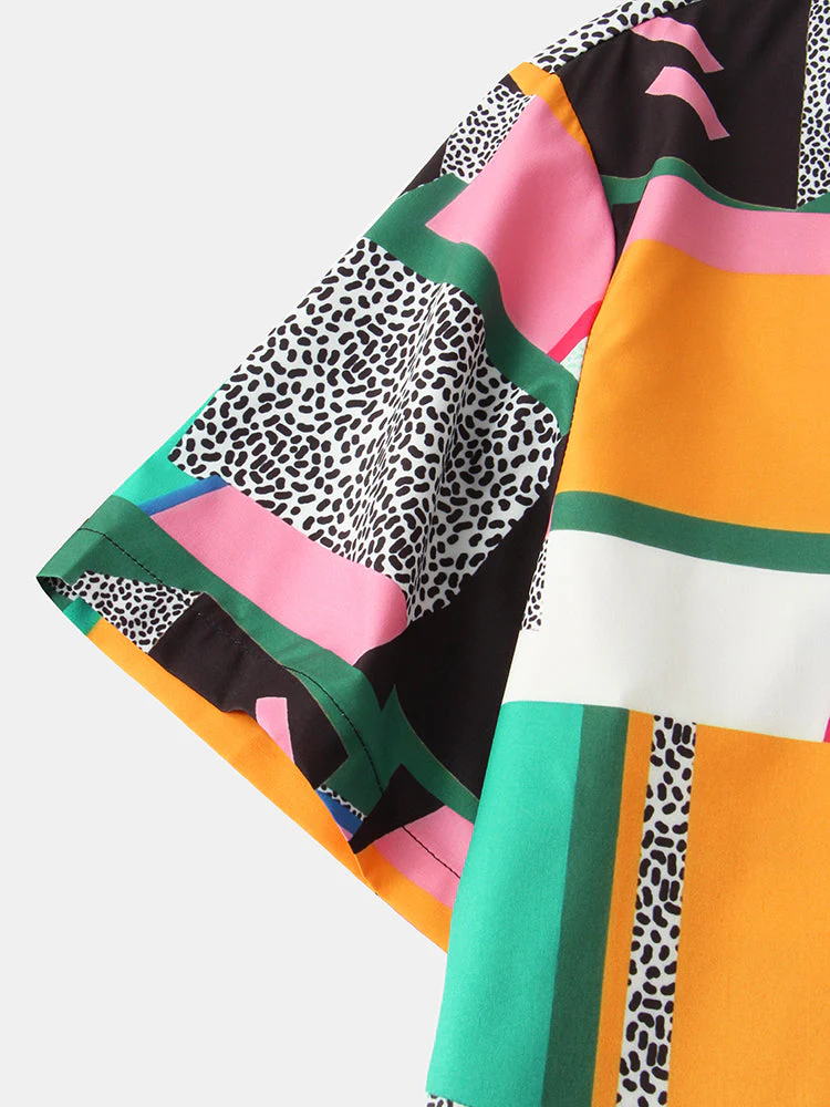 Mens Dot & Geometry Pattern Colorblock Lapel Short Sleeve Shirt - Image 5