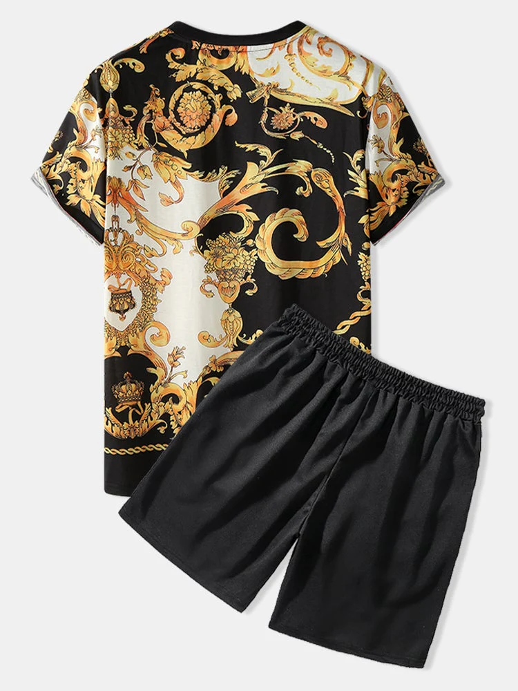 Mens Ethnic Baroque Pattern Short Sleeve Black Two Piece Outfits - Image 2