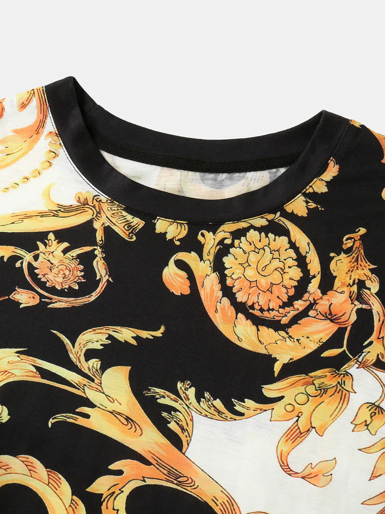 Mens Ethnic Baroque Pattern Short Sleeve Black Two Piece Outfits - Image 3