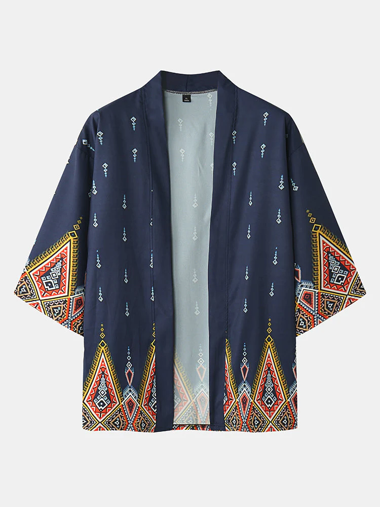 Mens Ethnic Style Geo Print Open Front Kimono Cropped Two Pieces Outfits - Image 3