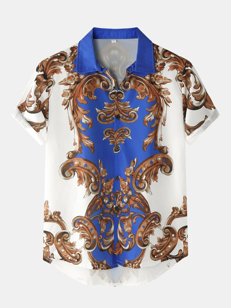 Mens European Style Baroque Print Button Up Street Two Pieces Outfits - Image 5