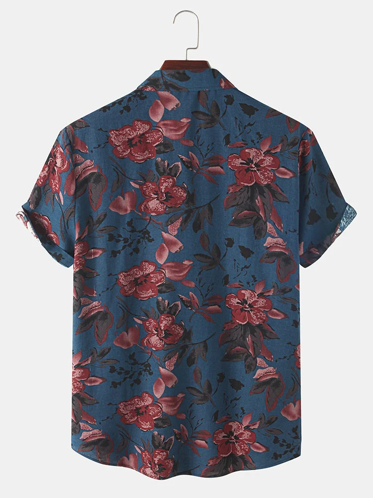 Mens Flower Plant Print Lapel Holiday Short Sleeve Shirts - Image 2