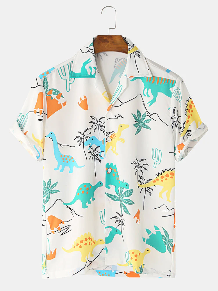 Mens Funny Style Dinosaur Cartoon Printed Short Sleeve Shirts - Image 3