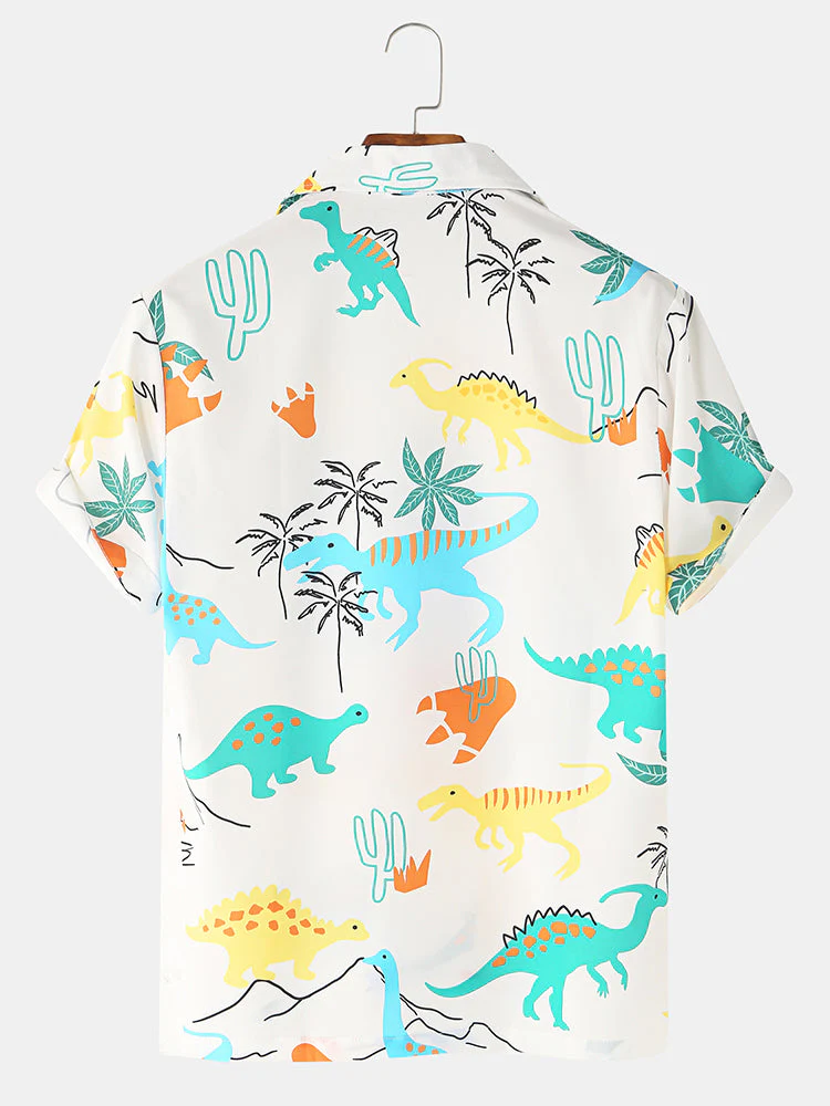 Mens Funny Style Dinosaur Cartoon Printed Short Sleeve Shirts - Image 4
