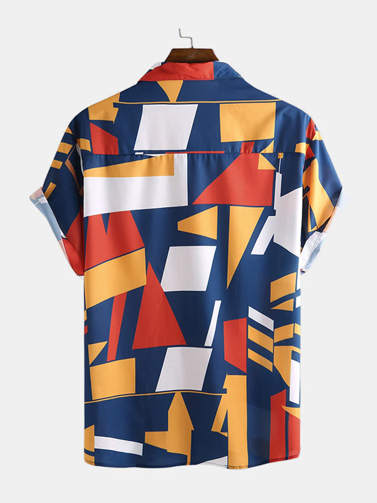 Mens Geometric Colorful Block Printed Short Sleeve Shirt - Image 2