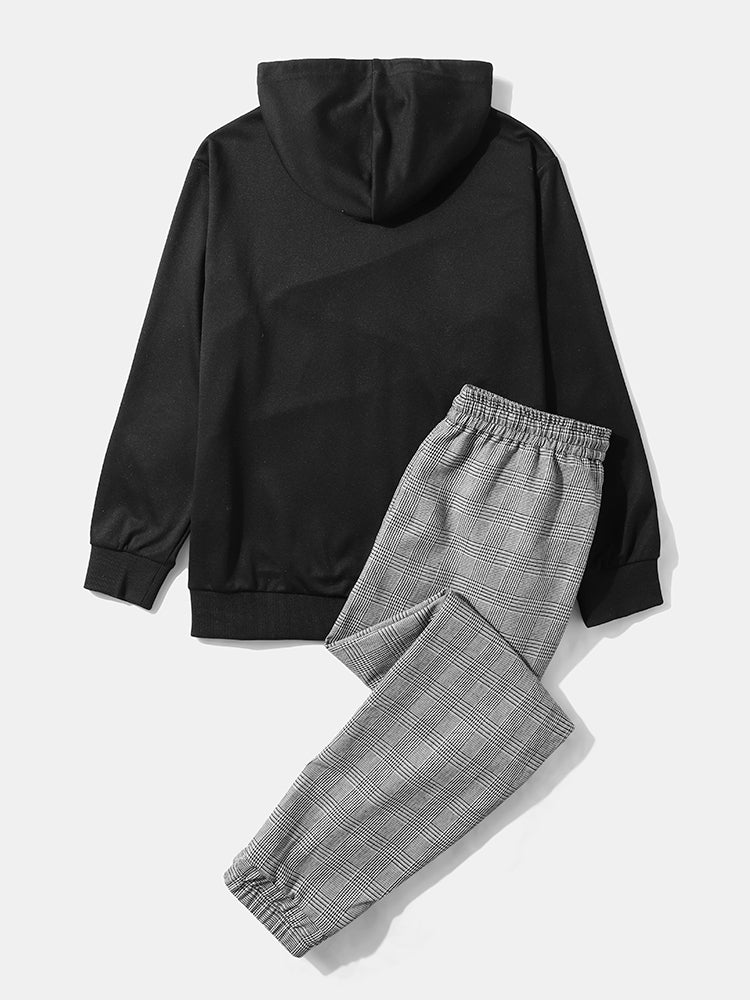 Mens Glen Plaid Stitching Drawstring Hoodie Casual Long Two Pieces Outfits - Image 2