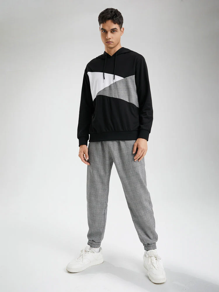 Mens Glen Plaid Stitching Drawstring Hoodie Casual Long Two Pieces Outfits - Image 3