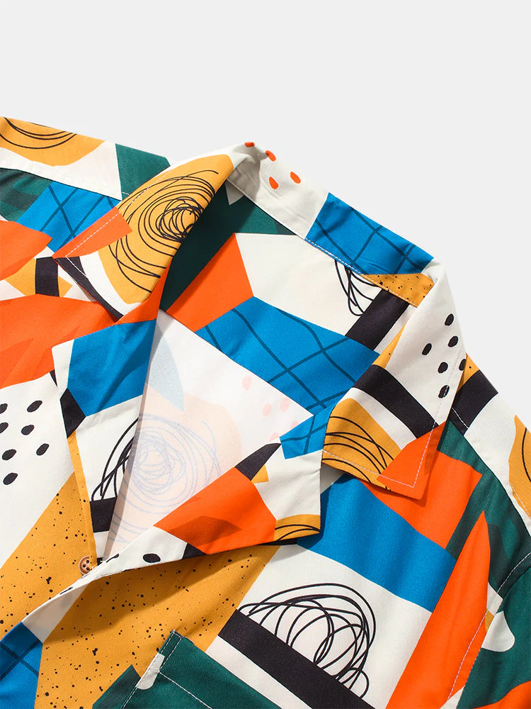 Mens Graffiti Geometry Graphics Colorblock Pocket Short Sleeve Shirt - Image 3