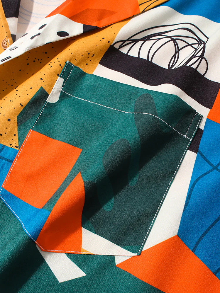 Mens Graffiti Geometry Graphics Colorblock Pocket Short Sleeve Shirt - Image 5