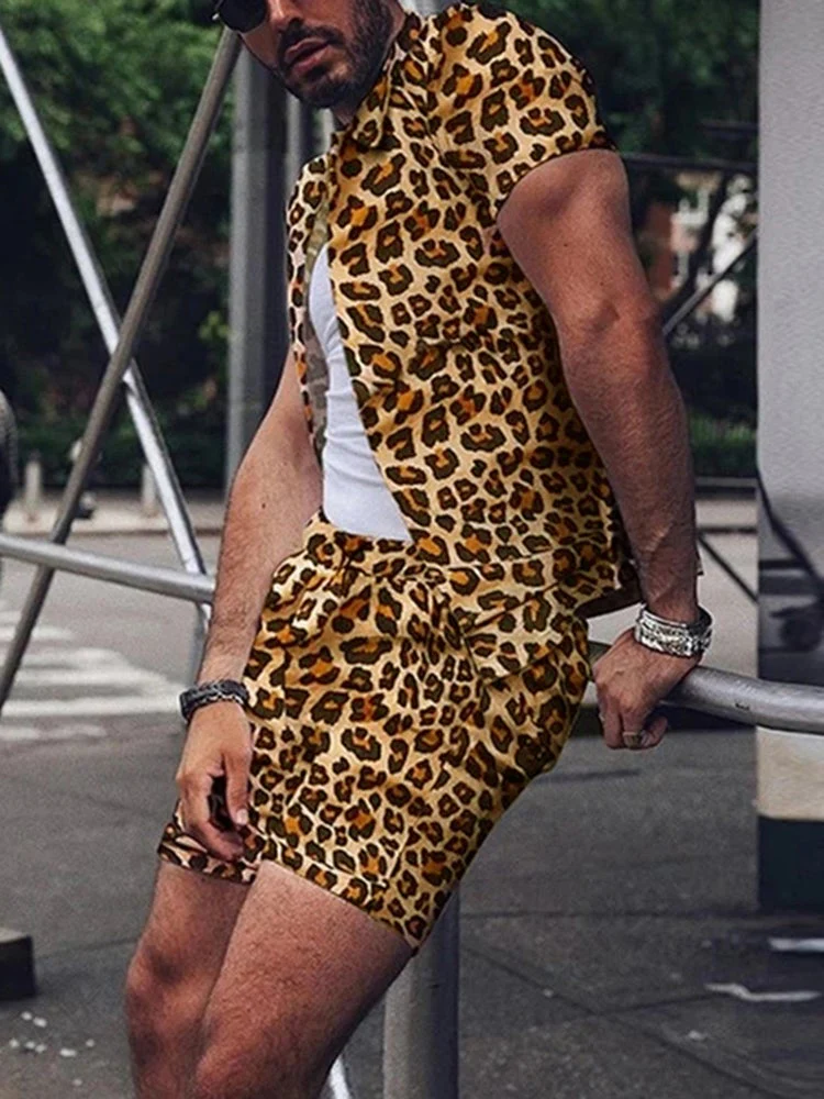 Mens Hawaiian Leopard Print Thin Holiday Beachwear Surfing Sporty Button Loungewear Set SKUE44246 - Image 2