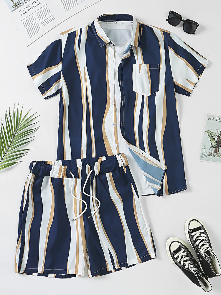 Mens Holiday Striped Chest Pocket Lapel Short Sleeve Drawstring Shorts Two Pieces Outfits - Image 11