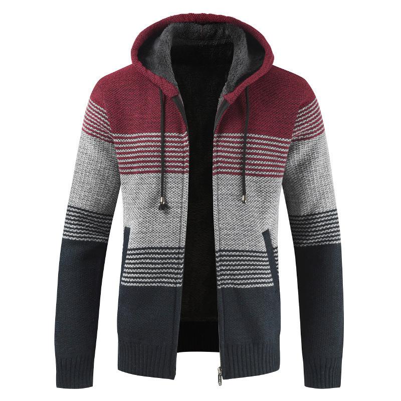 Mens Hooded Sweater Cardigan Loose Plus Fleece Thicken Colorblock Knit Sweater Jacket - Image 2