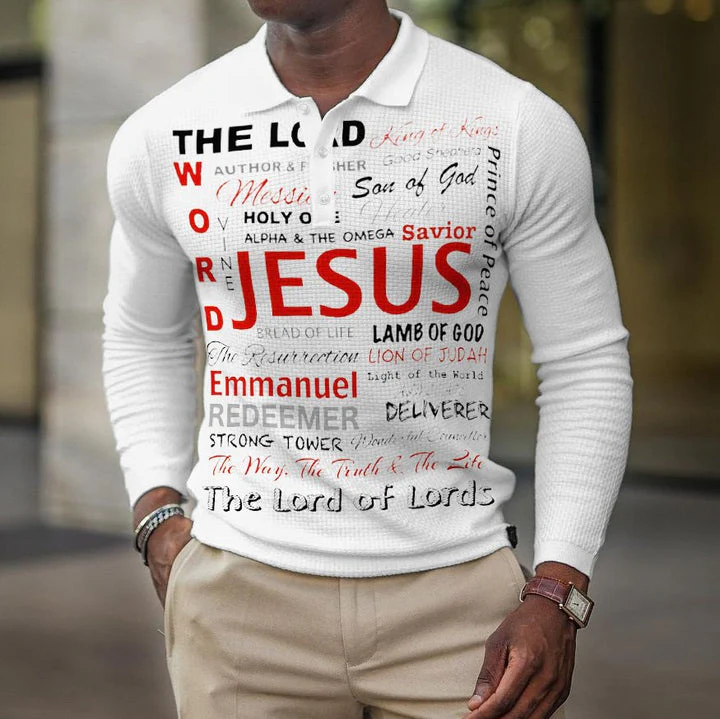 Mens jesus letter print long sleeve casual polo shirt - Image 2