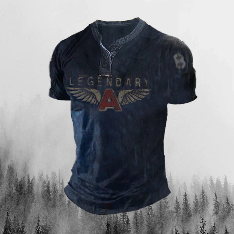 Mens Legendary Wings Printing Vintage Henley Collar Pullover - Image 4