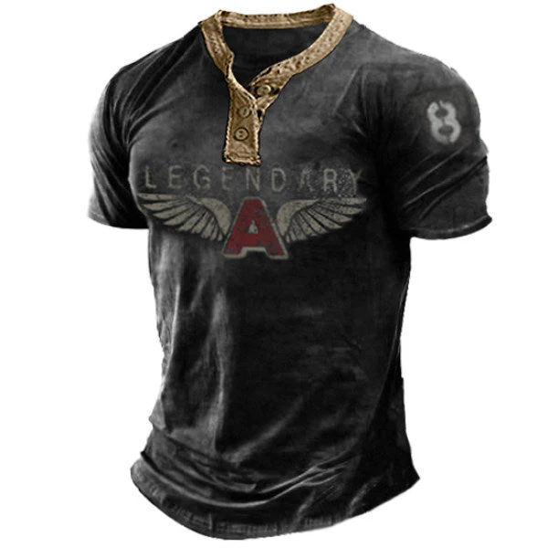 Mens Legendary Wings Printing Vintage Henley Collar Pullover - Image 5
