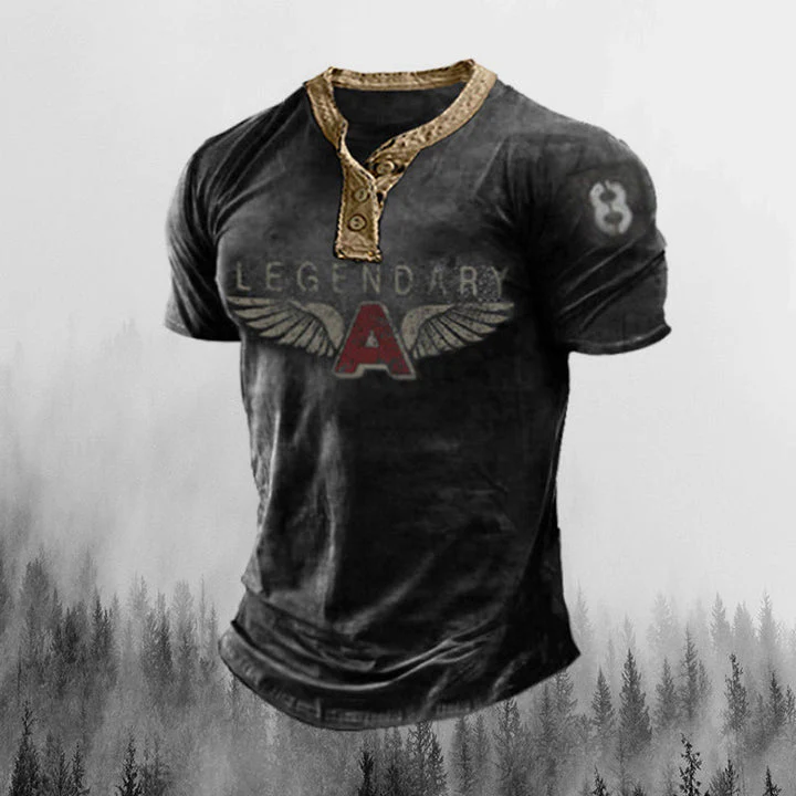 Mens Legendary Wings Printing Vintage Henley Collar Pullover - Image 6