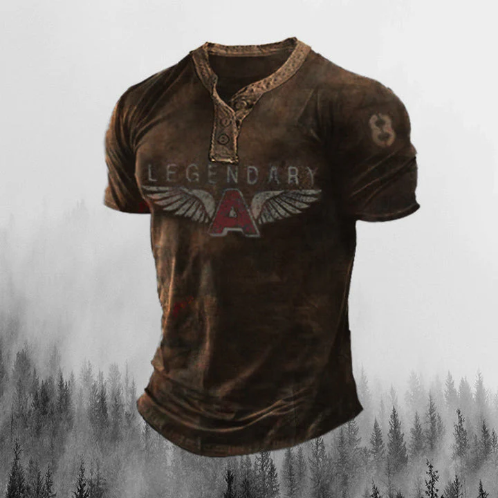 Mens Legendary Wings Printing Vintage Henley Collar Pullover - Image 8