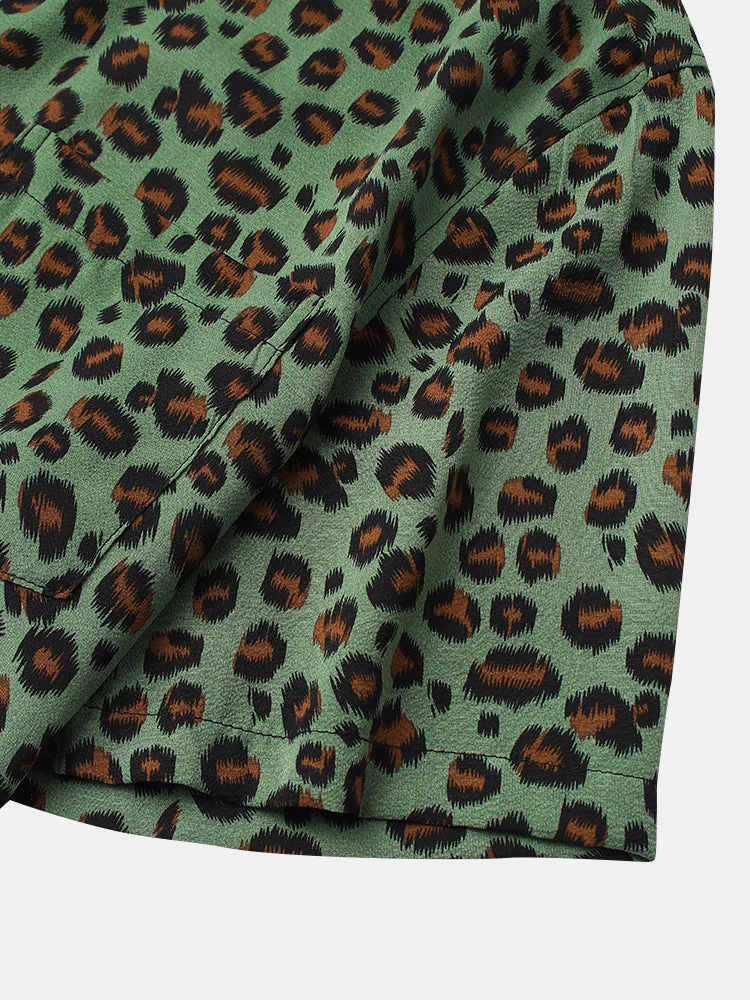 Mens Leopard Print Button Up Short Sleeve Shirts With Pocket - Image 8