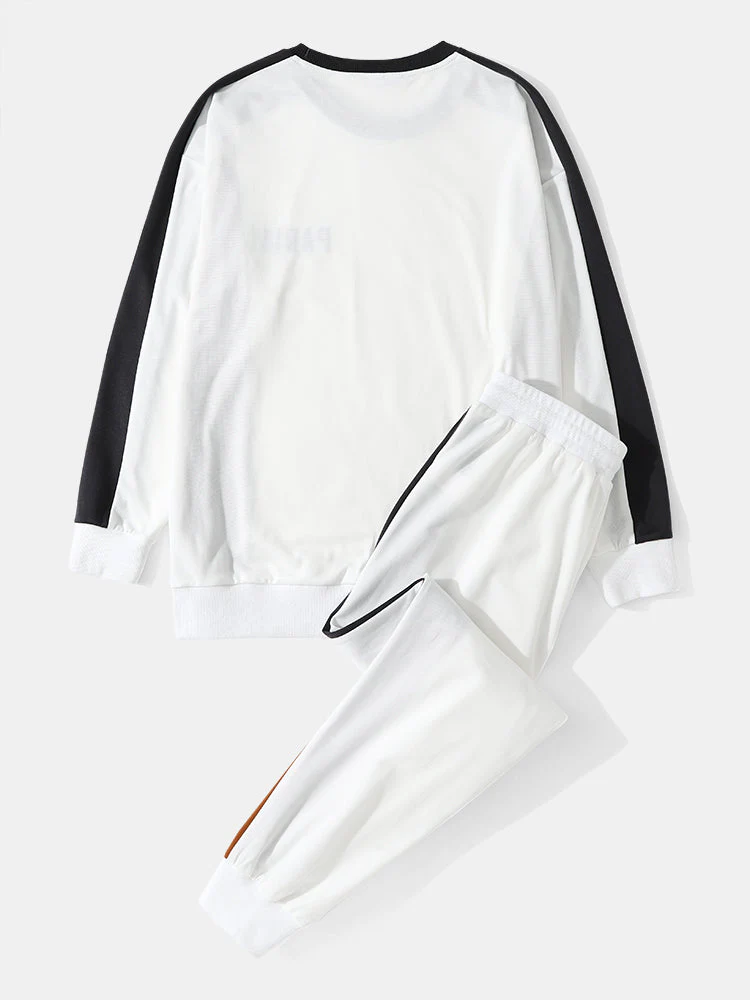 Mens Letter Embroidery Block Stripe Patchwork Sweatshirt Preppy Two Pieces Outfits - Image 2