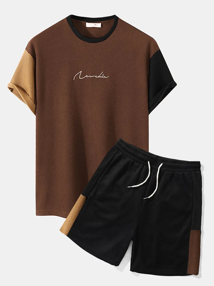 Mens Letter Embroidery Knitted Patchwork Crew Neck Short Sleeve Two Pieces Outfits - Image 2