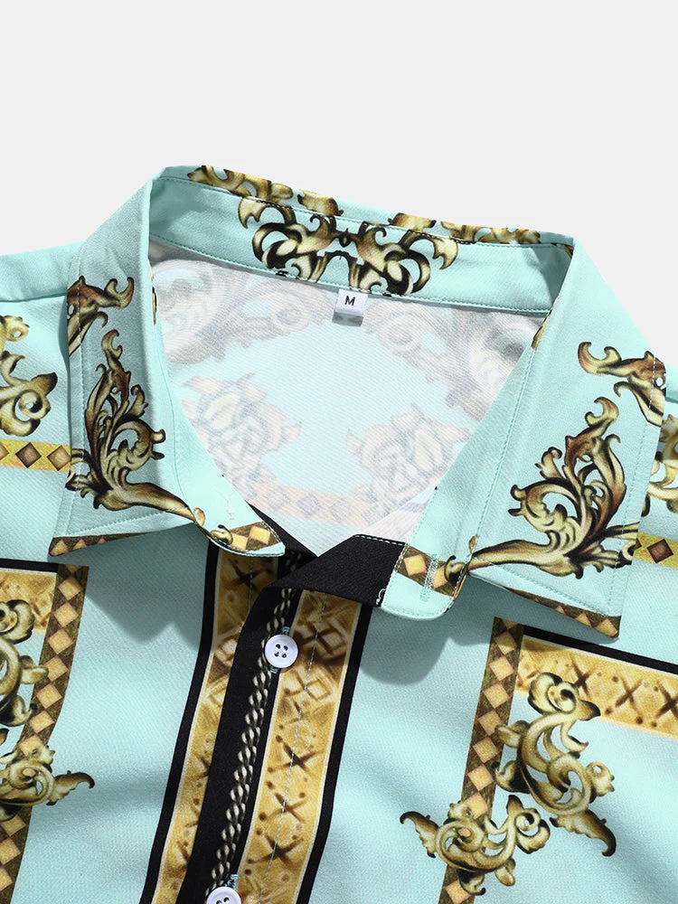 Mens Luxury Baroque Print Short Sleeve Drawstring Two Piece Outfits - Image 5